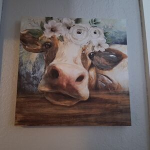 Floral Cow Canvas Art - Brown and White